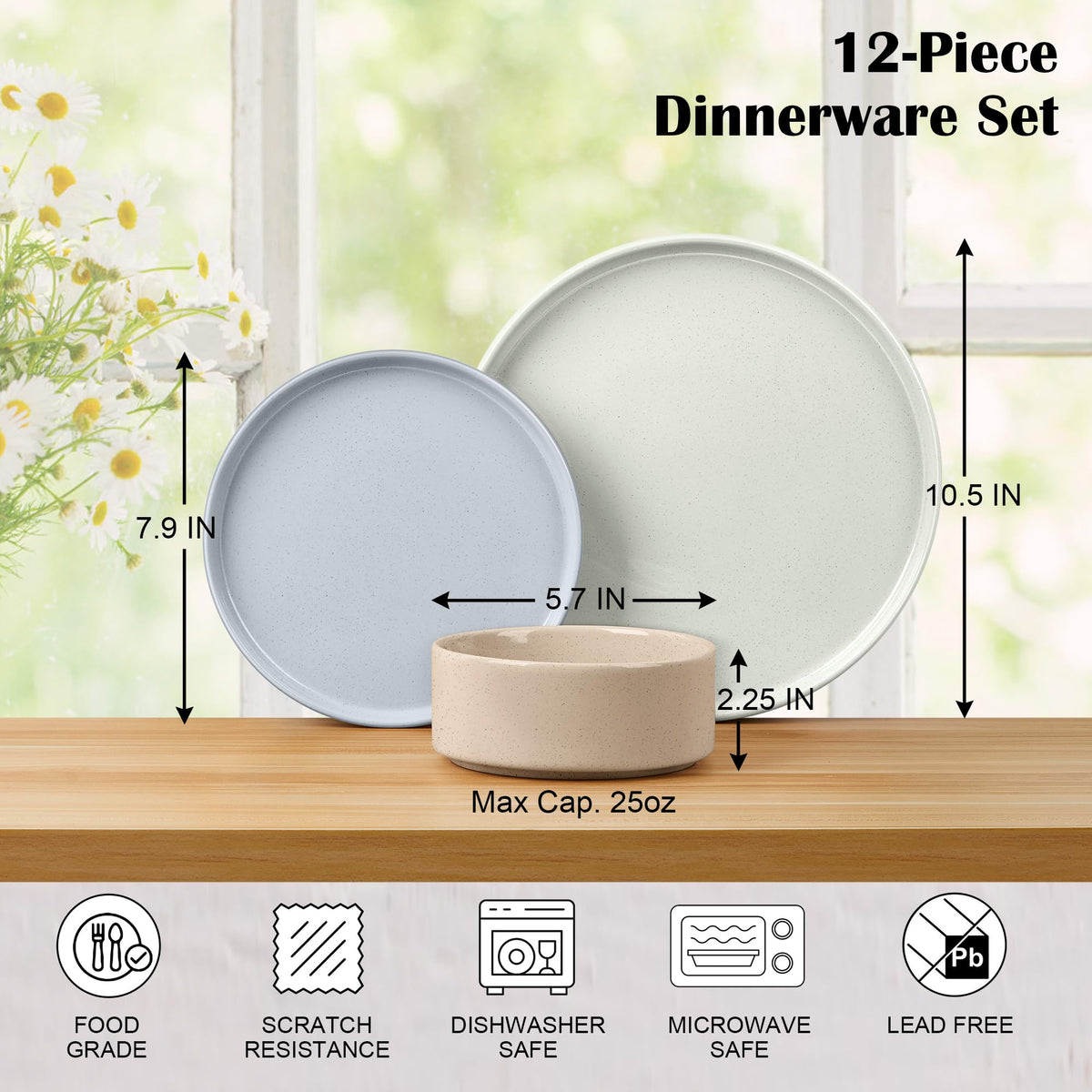 Stoneware Dinnerware Set with Pasta Bowls, 12 Pc Plates and Bowls, 35 oz Ceramic Bowl, Microwave Safe, Speckled Multicolor U89694