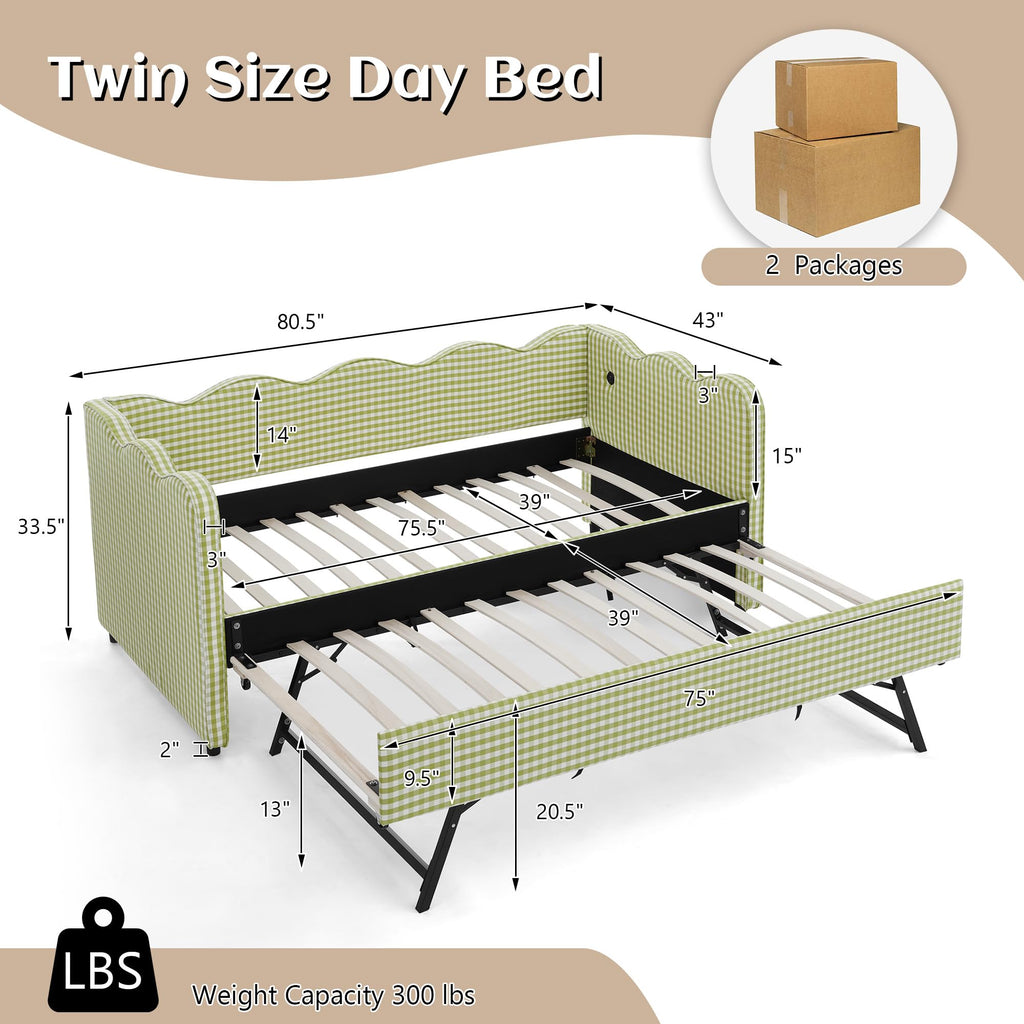 Twin Gingham Upholstered Daybed with Pop Up Trundle Bed O401