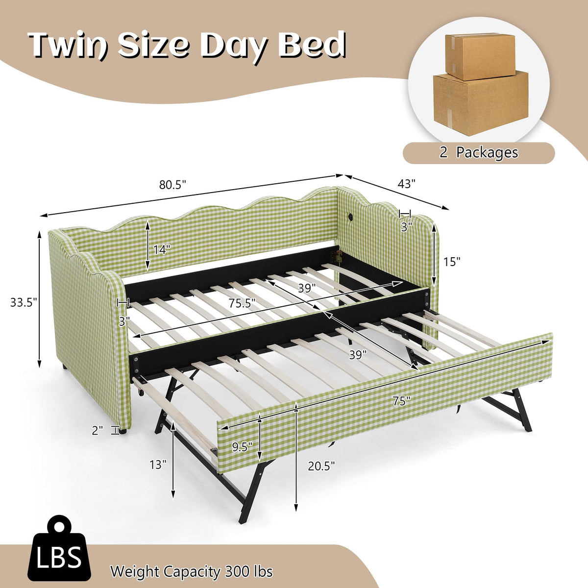 Twin Gingham Upholstered Daybed with Pop Up Trundle Bed O401