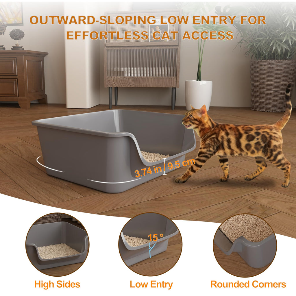 Open-Top High Sides Cat Litter Box with Low Entrance K19065