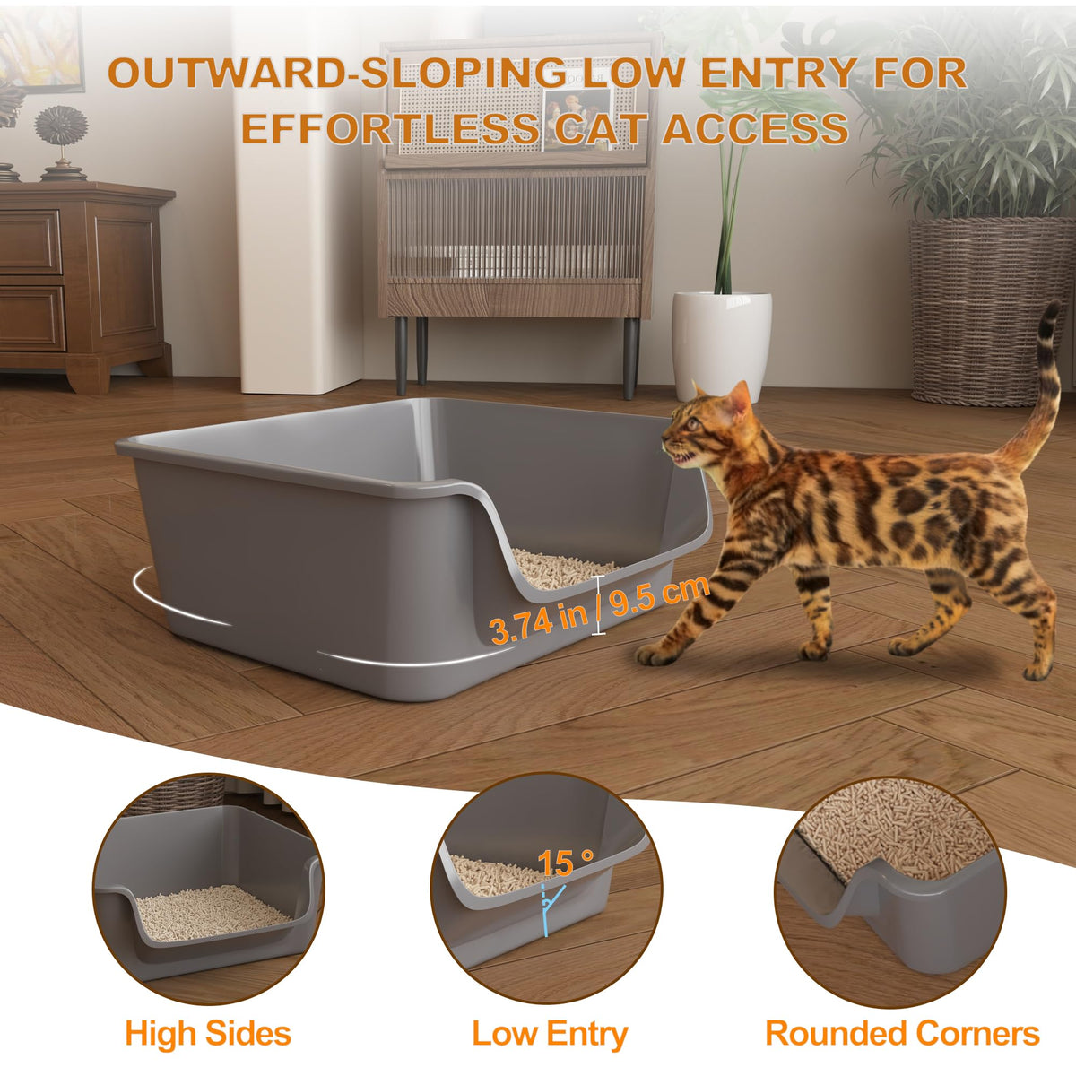 Open-Top High Sides Cat Litter Box with Low Entrance K19065