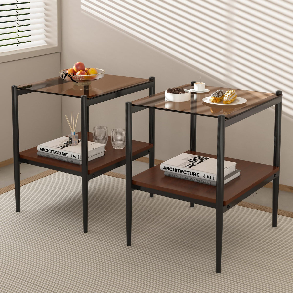 Glass End Table Set of 2 Brown Tempered Glass Black Iron Leg C18513