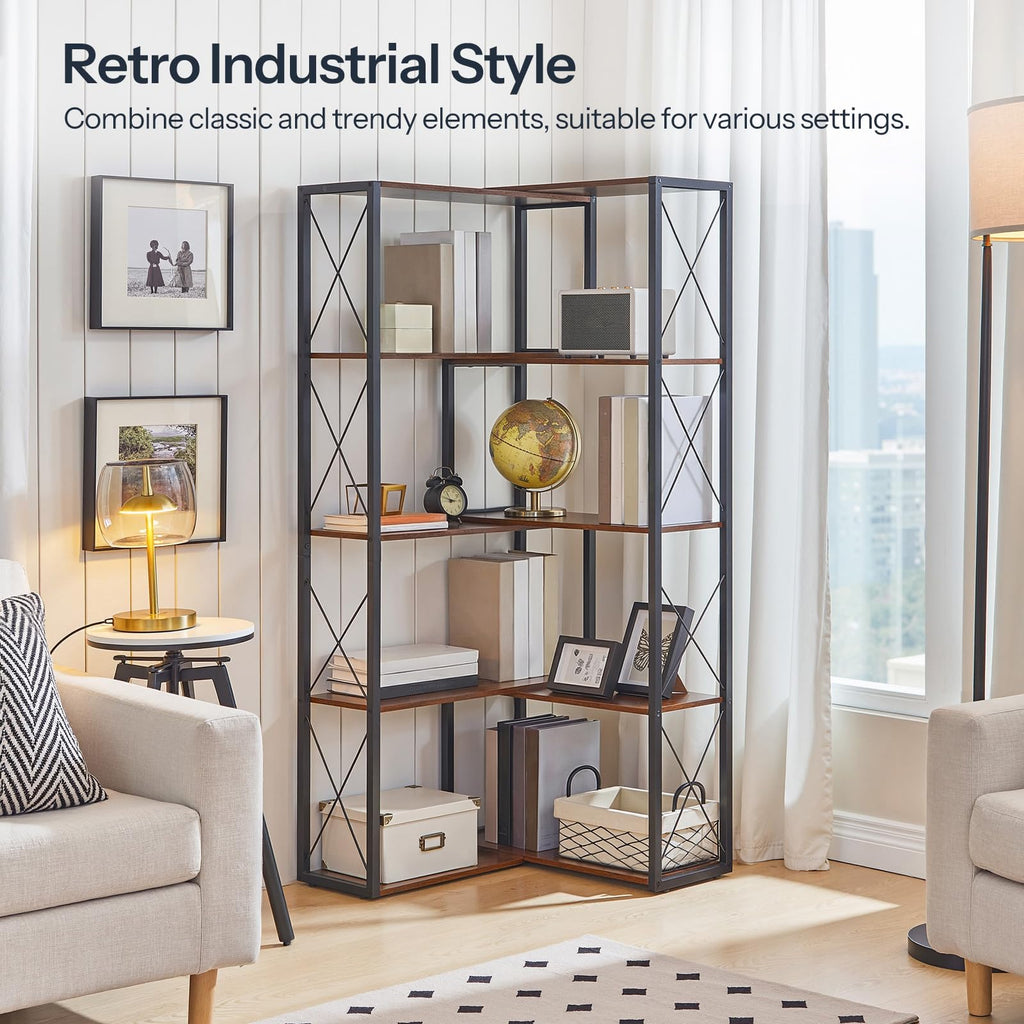 5-Tier Rustic Brown and Black Corner Bookshelf Z7917