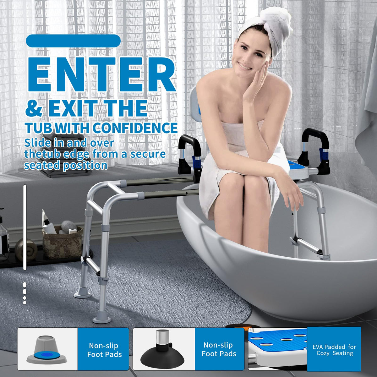 Sliding Shower Chair with Arms and Back, 500lbs Non Slip Aluminum Adjustable Height E67358