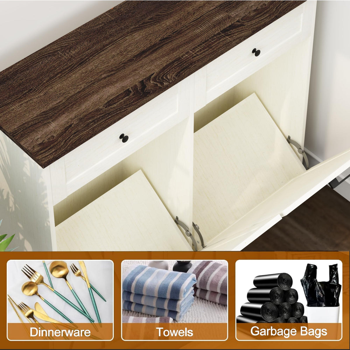 20 Gallon Wooden Tilt Out Trash Can Cabinet with Drawers M6416