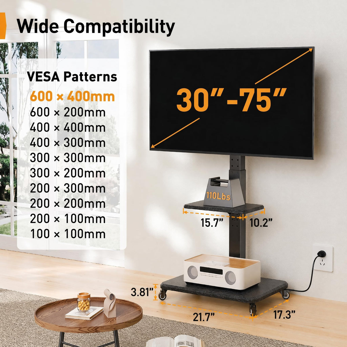 Tilt & Swivel Rolling TV Stand with Power Outlet Z108