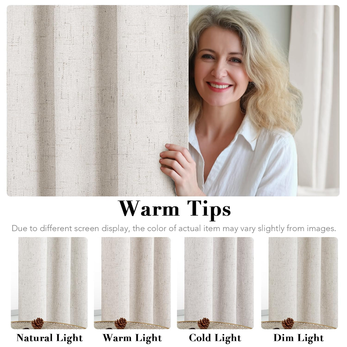 100% Blackout Linen Curtains 84" L 2 Panels Ivory W376969