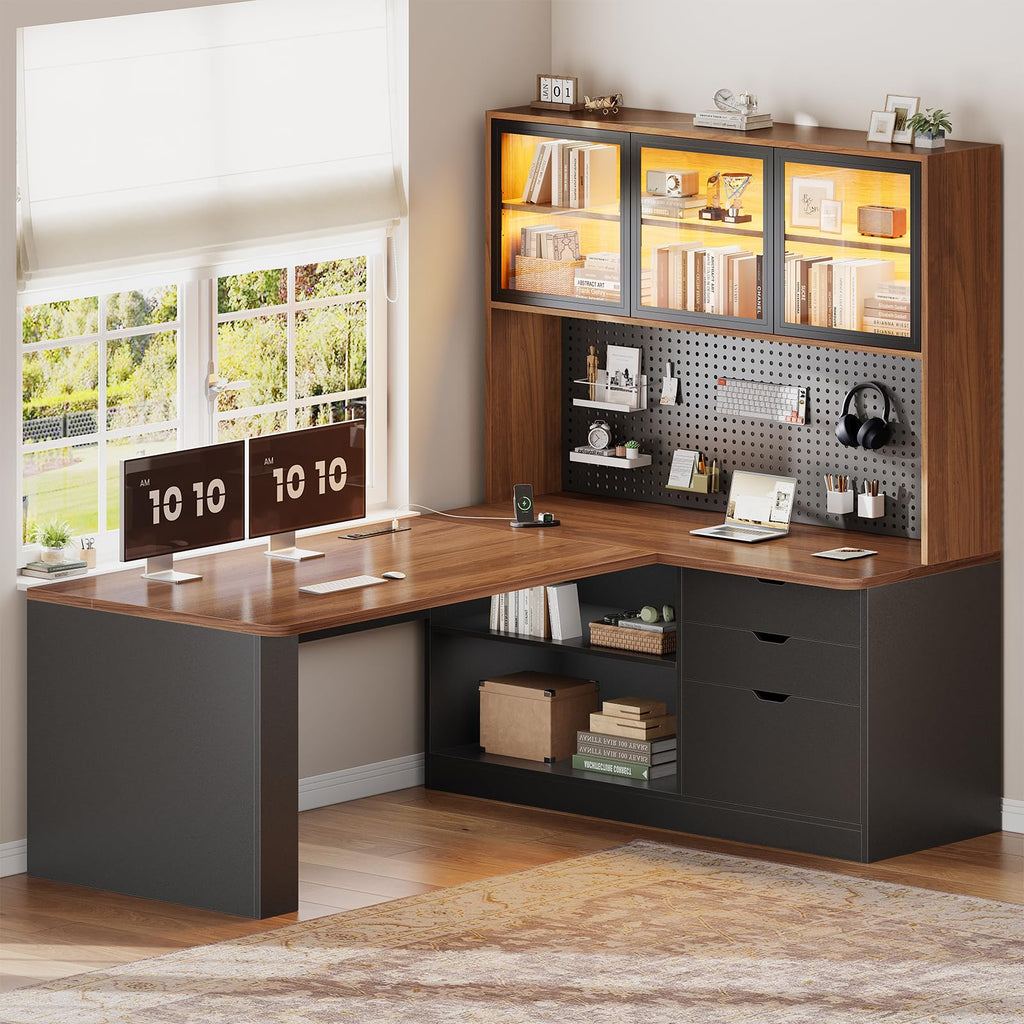 L Shaped Computer Desk with Drawer and Bookshelf L156