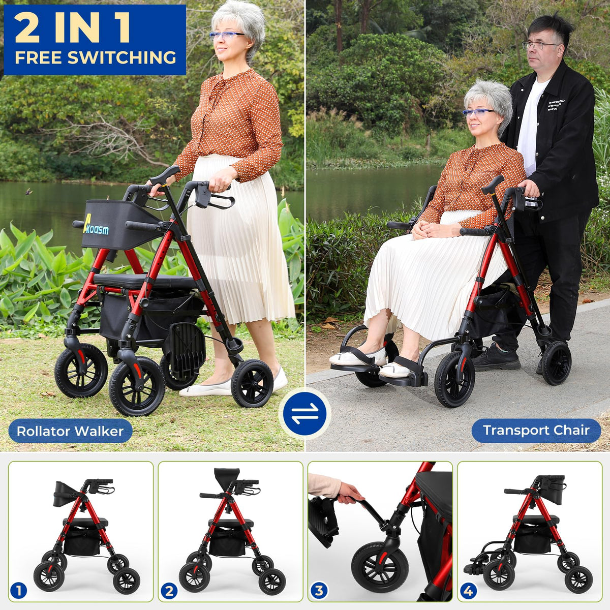 Foldable Rollator Walker with Seat, 2 in 1 Wheelchair Combo, Red F613582