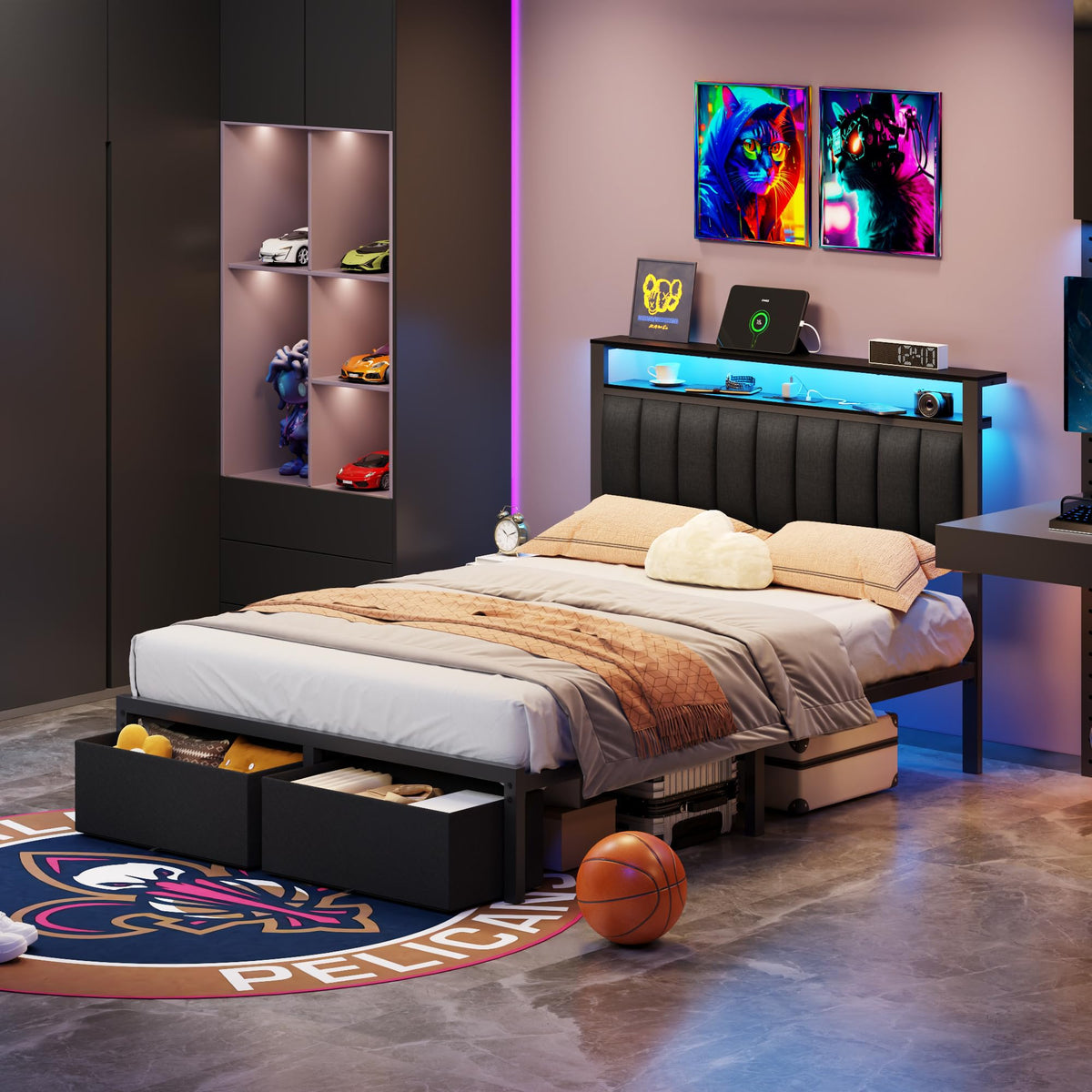 Full Size Bed Frame with Storage Drawers and Upholstered Headboard Y692758