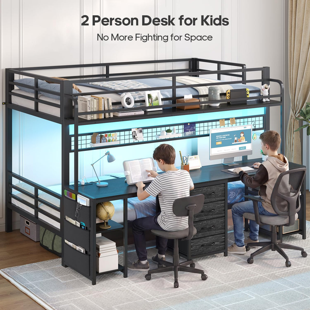 Twin Over Twin Bunk Bed with Desk and LED Lights V414773