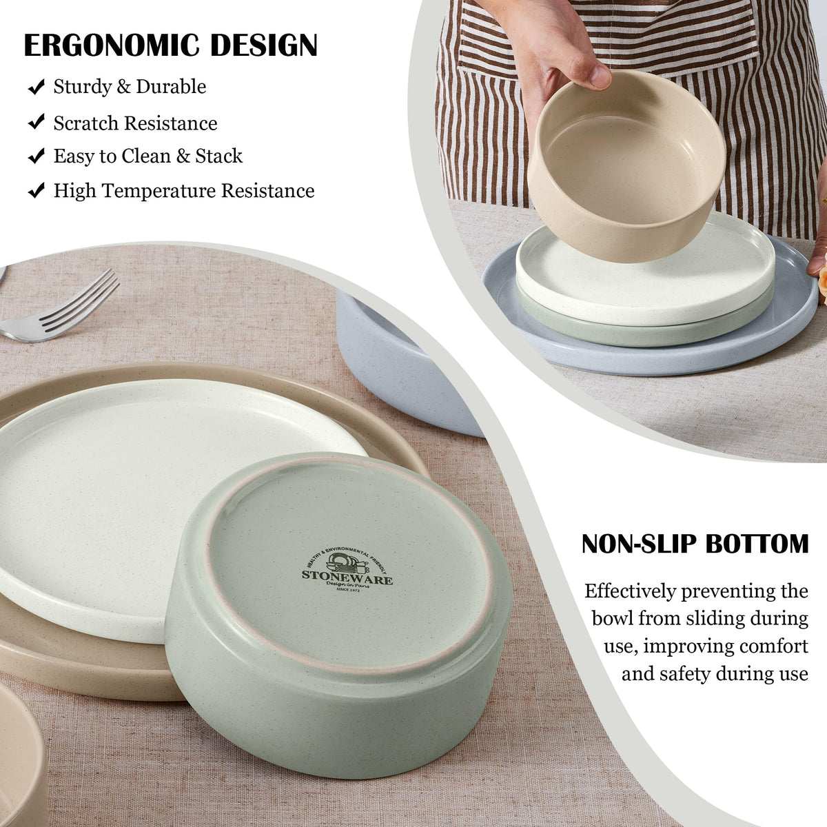 Stoneware Dinnerware Set with Pasta Bowls, 12 Pc Plates and Bowls, 35 oz Ceramic Bowl, Microwave Safe, Speckled Multicolor U89694