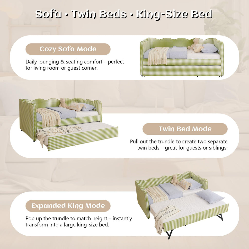 Twin Gingham Upholstered Daybed with Pop Up Trundle Bed O401