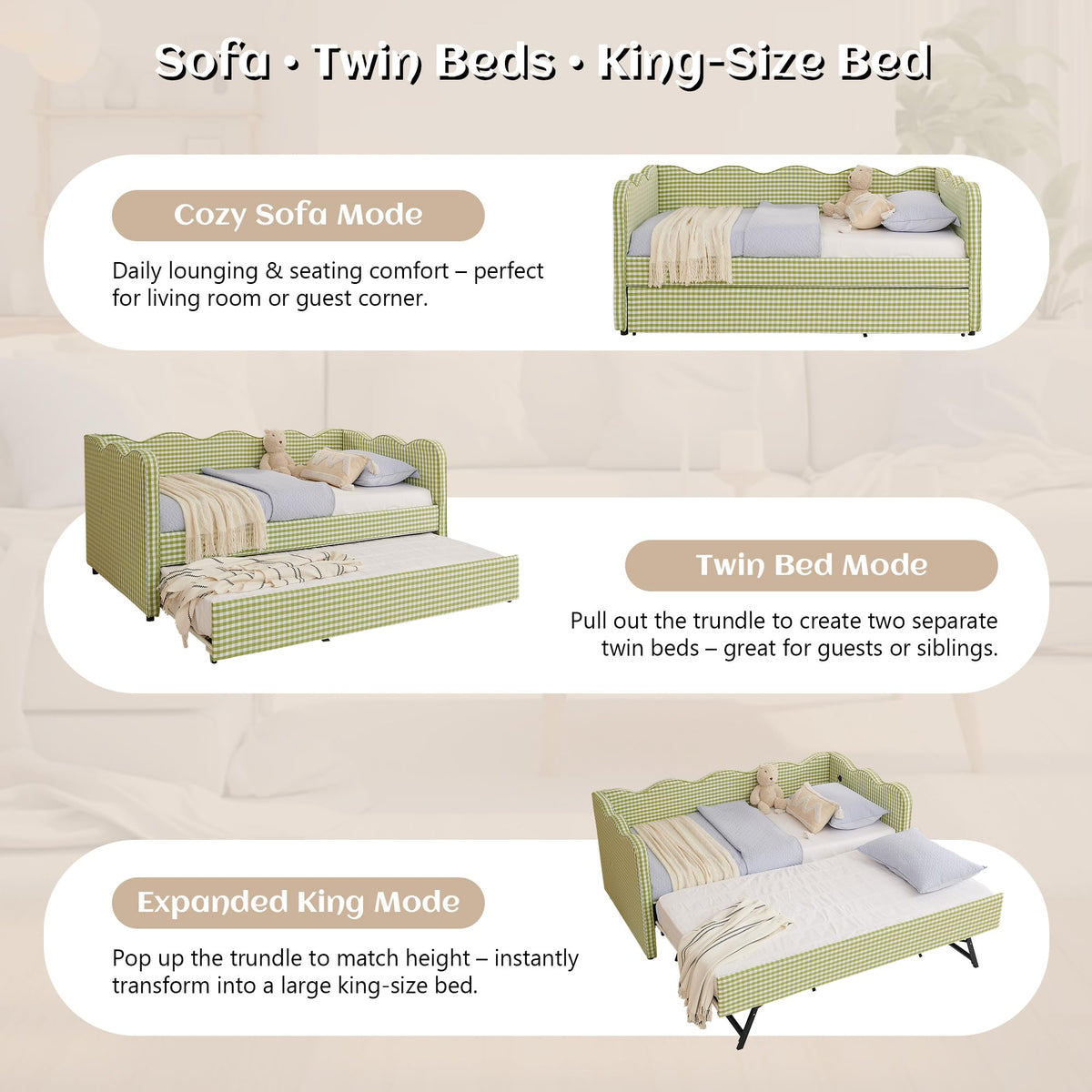 Twin Gingham Upholstered Daybed with Pop Up Trundle Bed O401