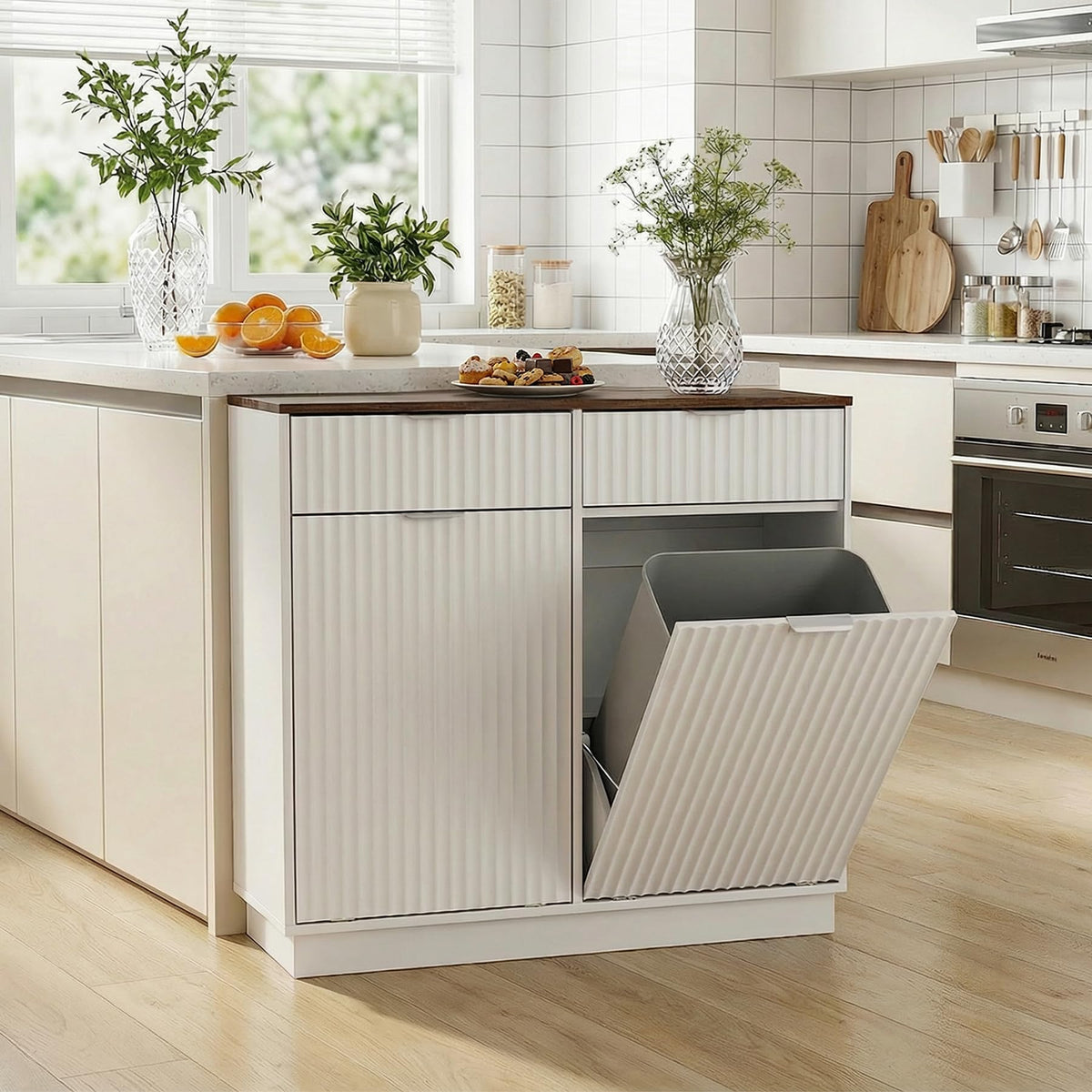 White Double Tilt Out Trash Can Cabinet C64819
