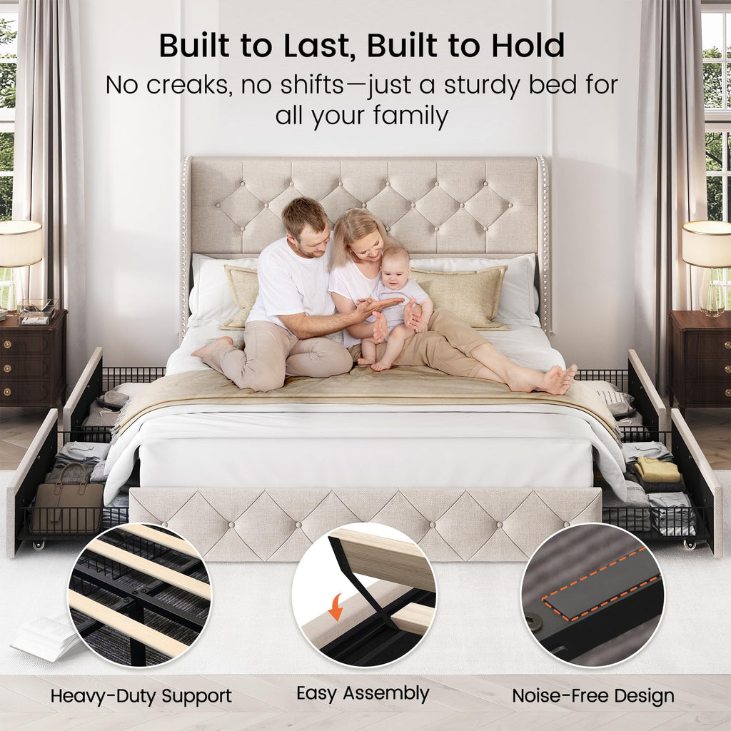 Queen Size Linen Upholstered Platform Bed Frame with 4 Storage Drawers S358783