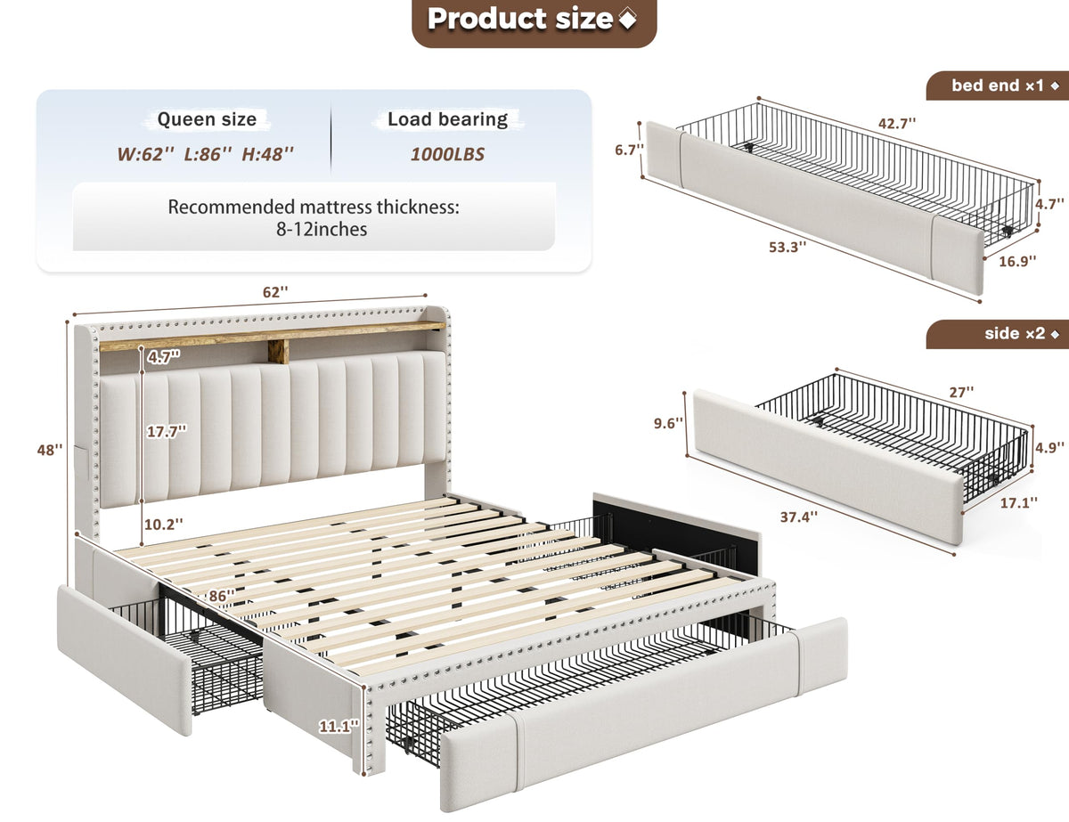 Queen Bed Frame with 3 Storage Drawers & Headboard L25896