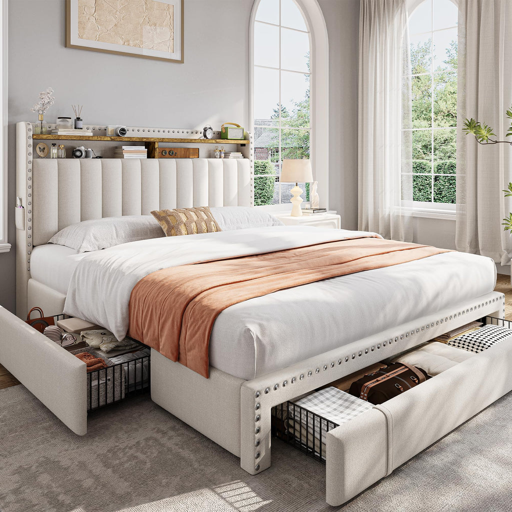 Queen Bed Frame with 3 Storage Drawers & Headboard L25896