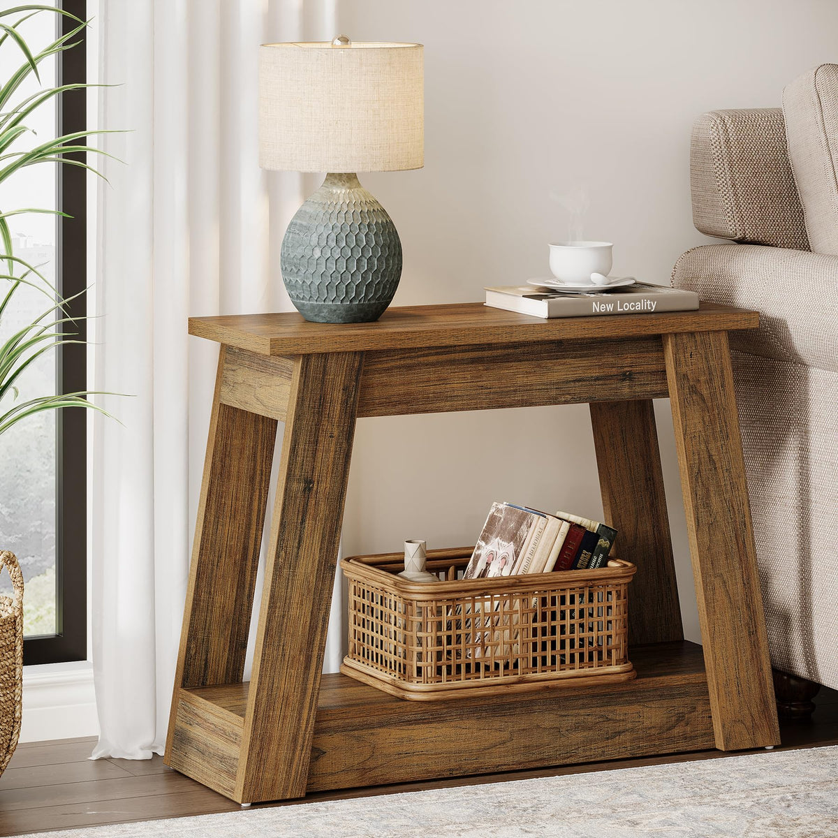 Wood End Table with 2 Storage Shelves C188
