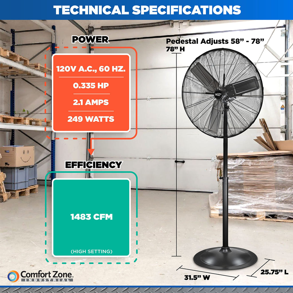 Industrial Pedestal Fan, 30 inch, 3 Speed, Adjustable Height, Metal O912144