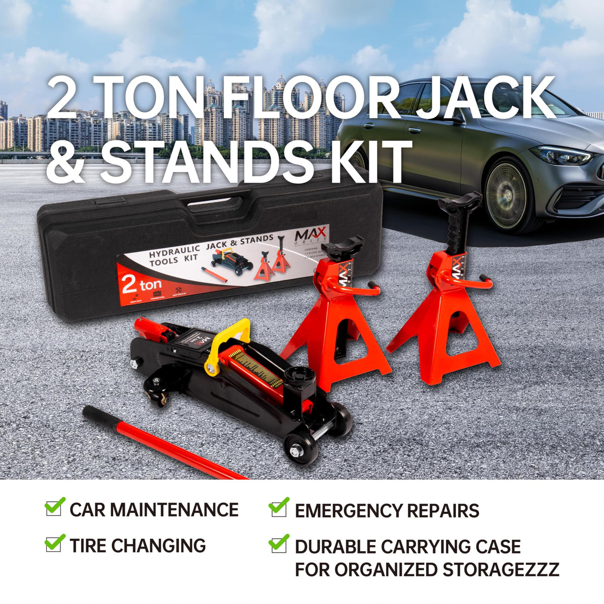 2-Ton Hydraulic Low Profile Trolley Floor Jack with Case and 1 Pair 2 Ton Jack Stands F839