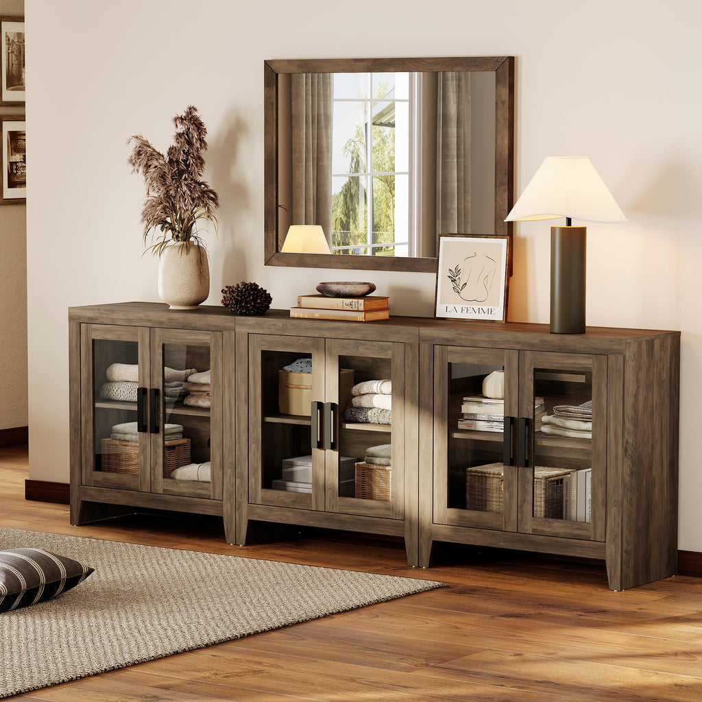 Brown Wood TV Stand with Glass Doors and Storage O38620
