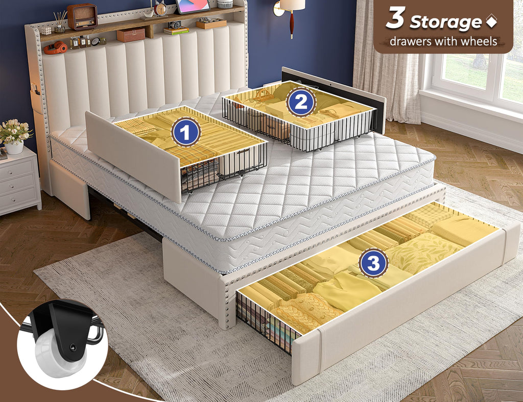 Queen Bed Frame with 3 Storage Drawers & Headboard L25896