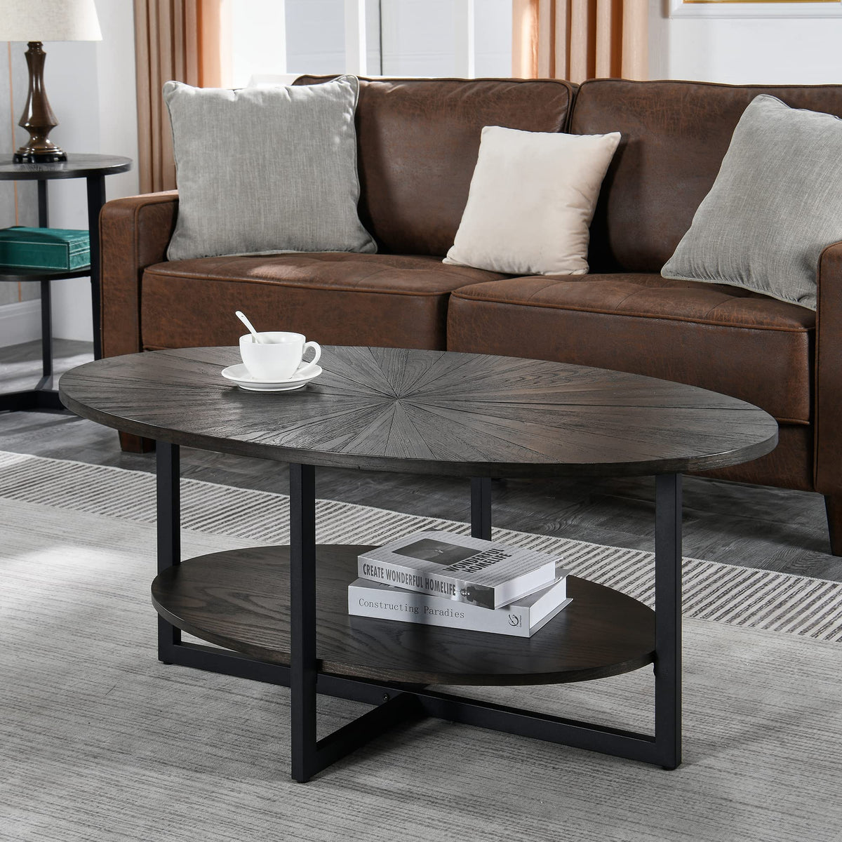 Wood Oval Coffee Table with Storage Shelf, 2-Tier, Black Brown A687186