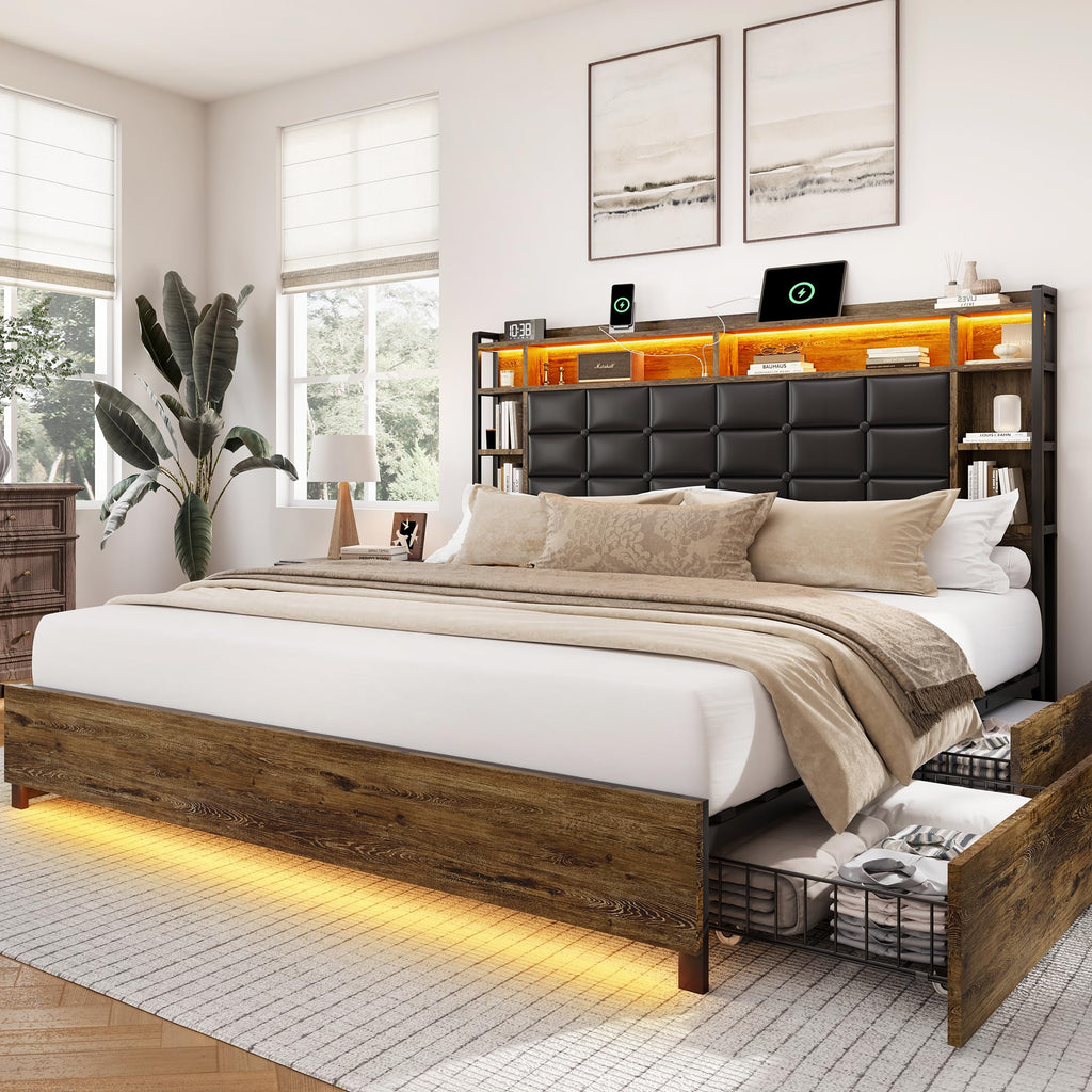 Queen Size Wooden Bed Frame with Storage Drawers W77854