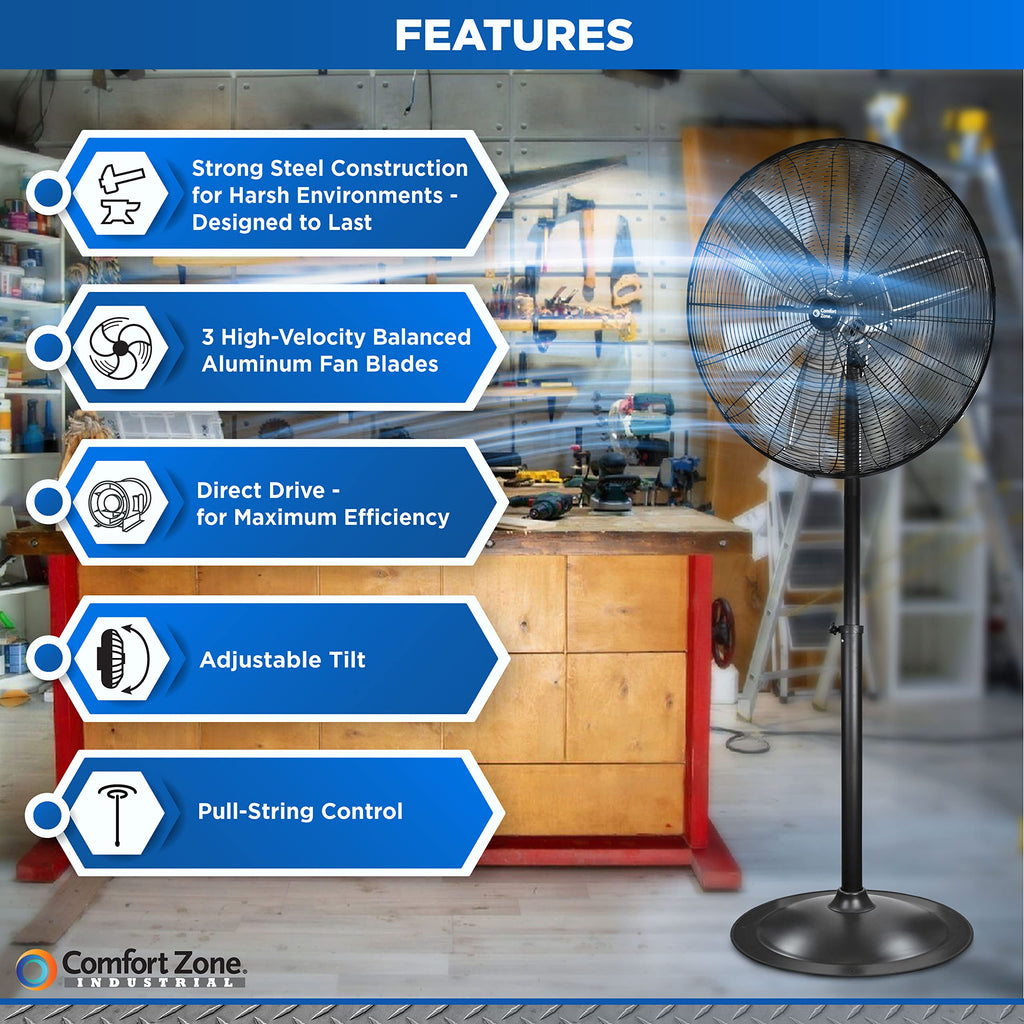 Industrial Pedestal Fan, 30 inch, 3 Speed, Adjustable Height, Metal O912144