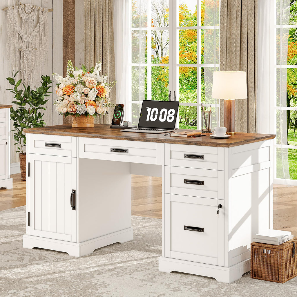 55'' White Farmhouse Desk with Drawers H992206