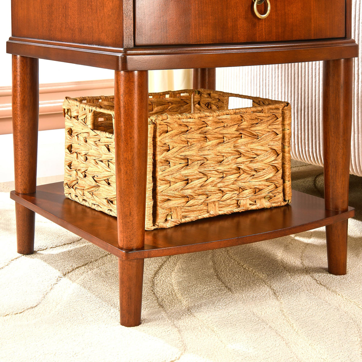 Large Cherry Wood 2-Tier Side Table with Drawer and Shelf M877655