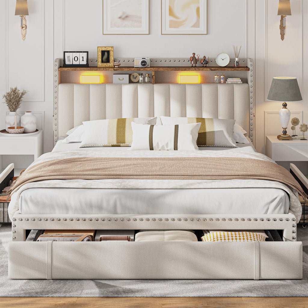 Queen Bed Frame with 3 Storage Drawers & Headboard L25896