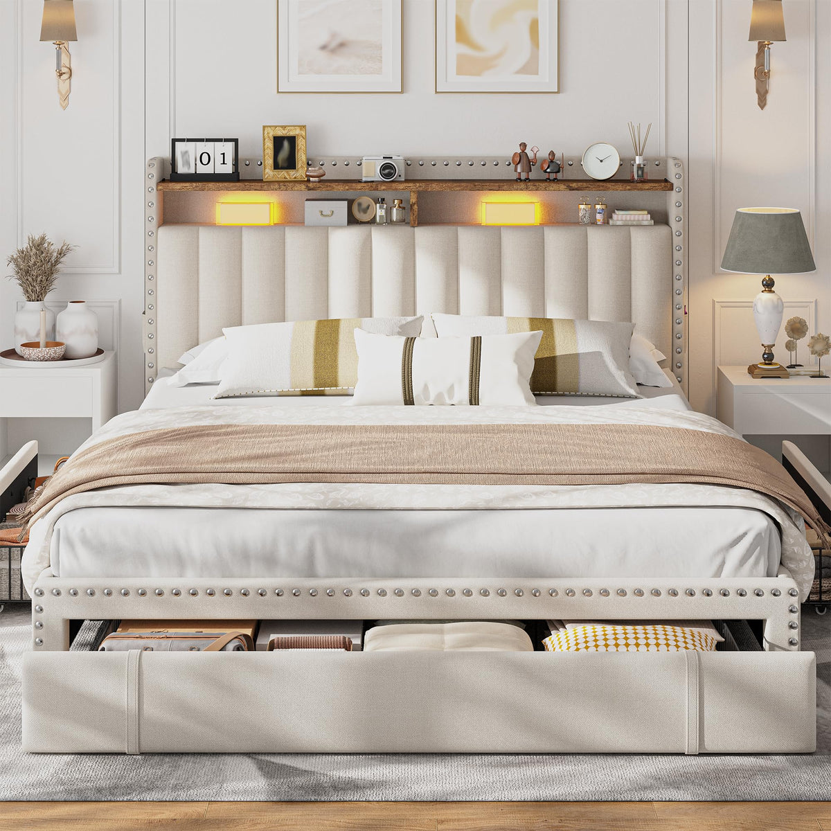 Queen Bed Frame with 3 Storage Drawers & Headboard L25896