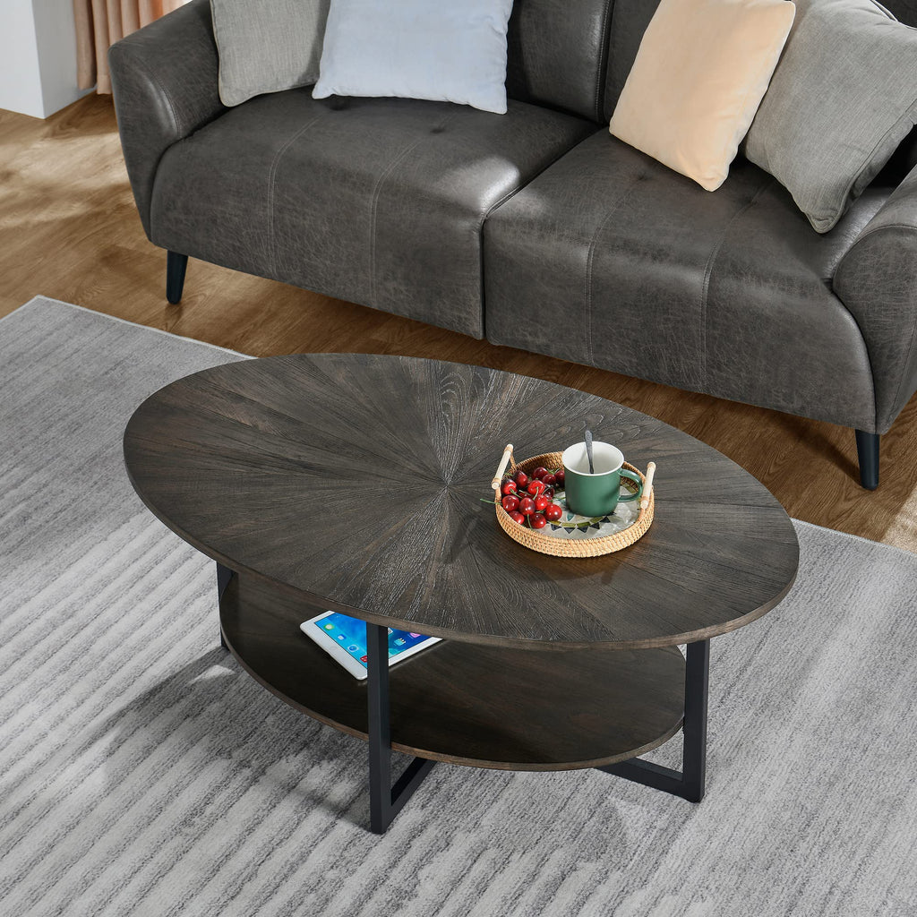 Wood Oval Coffee Table with Storage Shelf, 2-Tier, Black Brown A687186