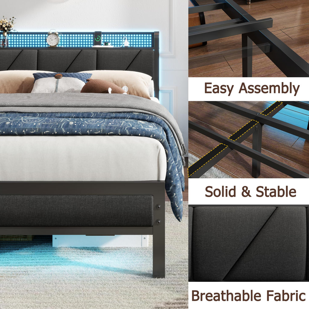 Full Size Bed Frame with Storage Shelf and Upholstered Headboard S90964