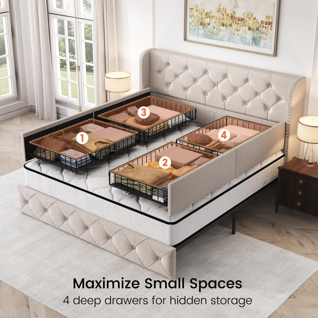 Queen Size Linen Upholstered Platform Bed Frame with 4 Storage Drawers S358783