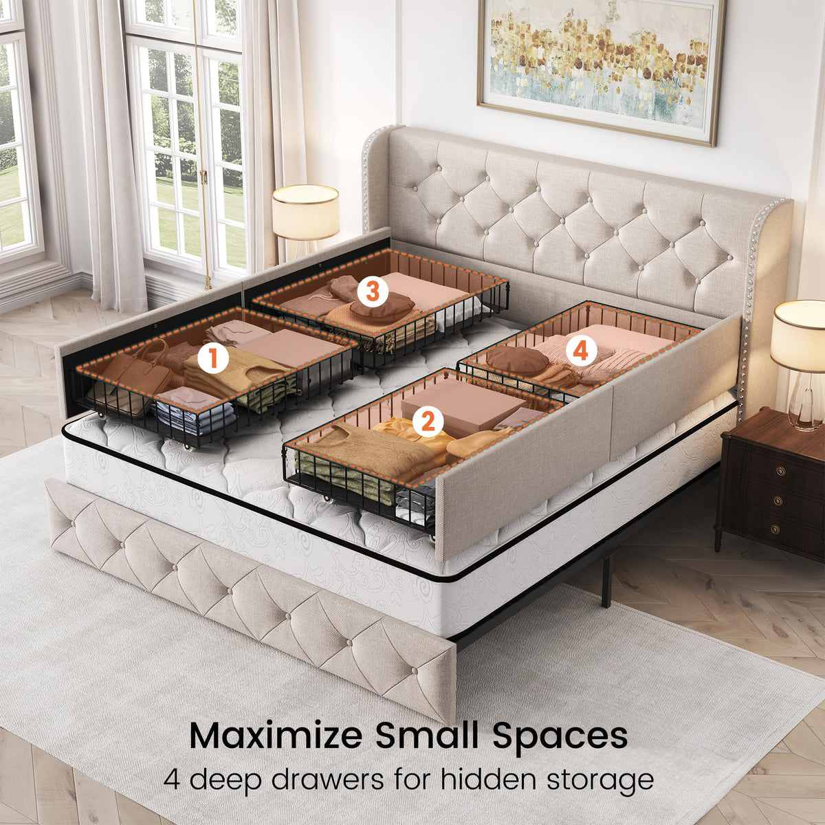 Queen Size Linen Upholstered Platform Bed Frame with 4 Storage Drawers S358783