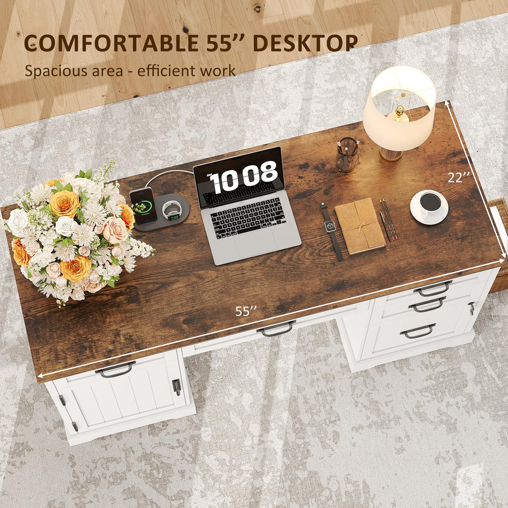 55'' White Farmhouse Desk with Drawers H992206