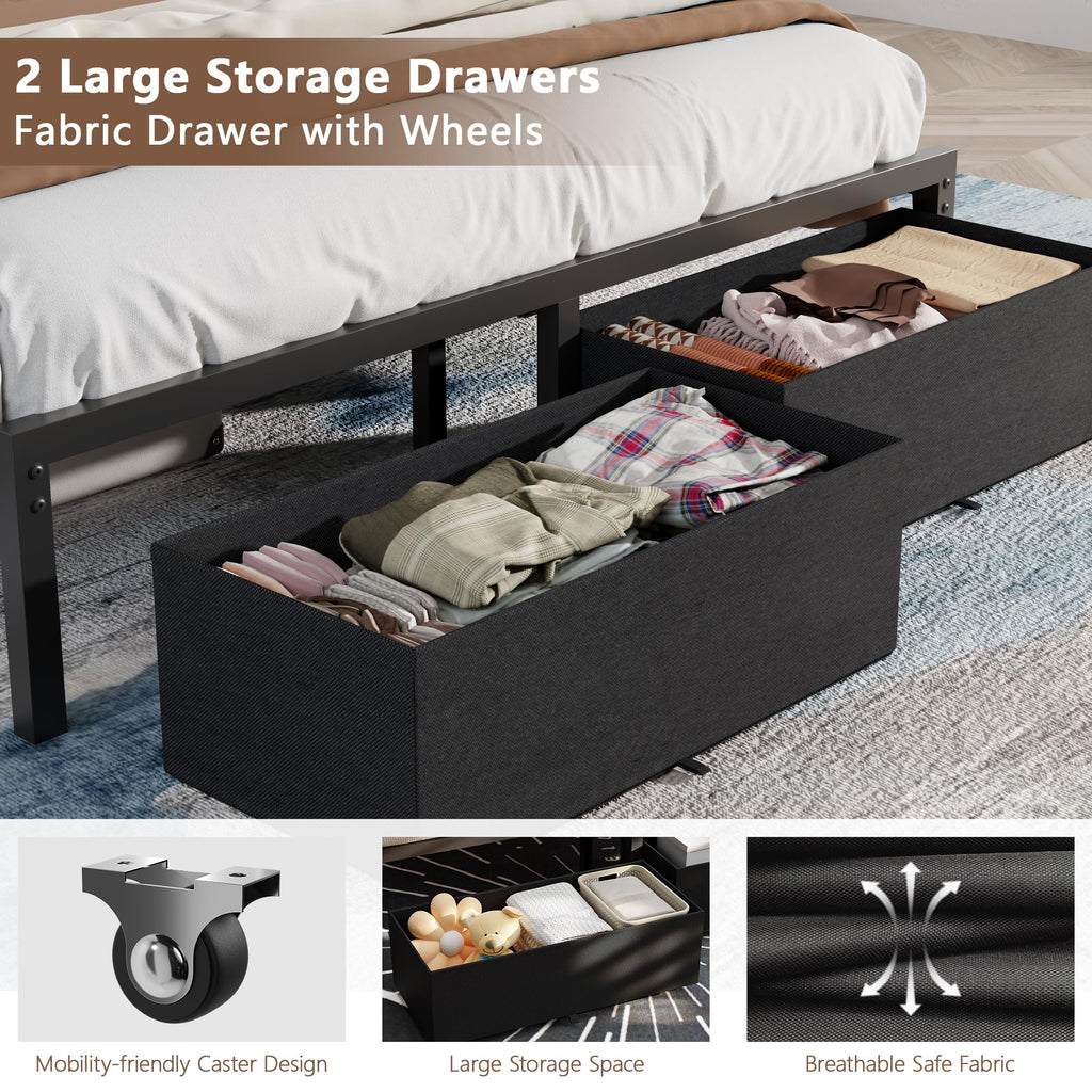 Full Size Bed Frame with Storage Drawers and Upholstered Headboard Y692758