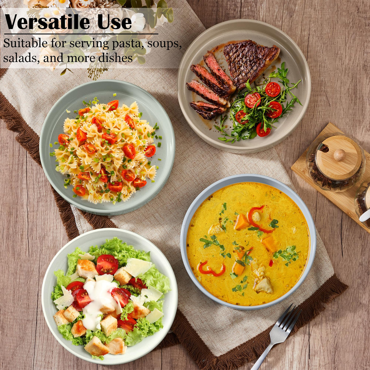 Stoneware Dinnerware Set with Pasta Bowls, 12 Pc Plates and Bowls, 35 oz Ceramic Bowl, Microwave Safe, Speckled Multicolor U89694