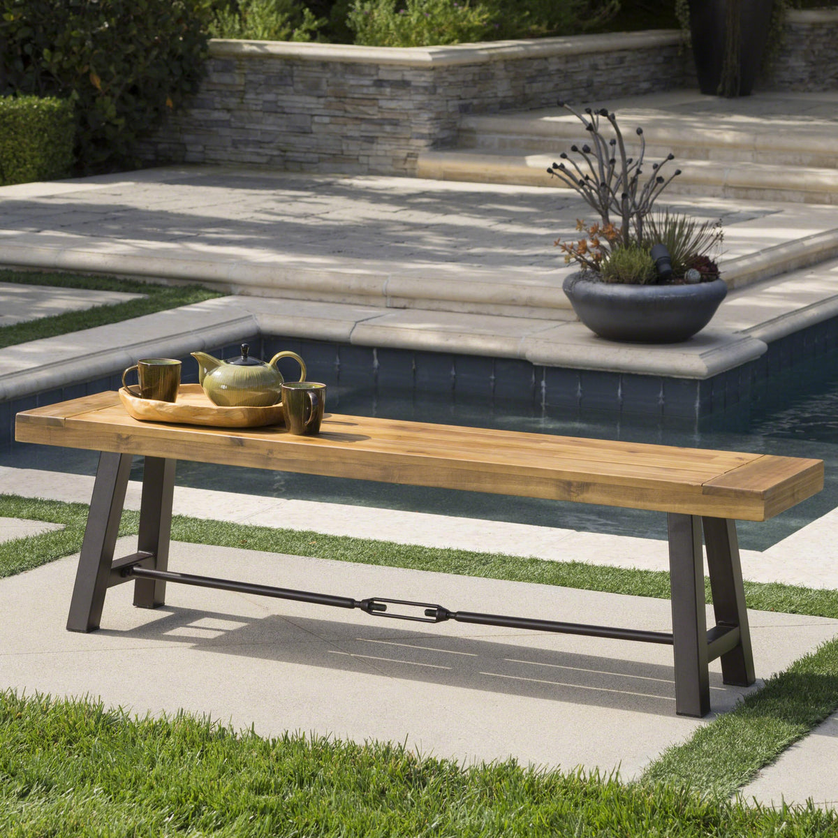 Acacia Wood Outdoor Bench with Metal Accents O978
