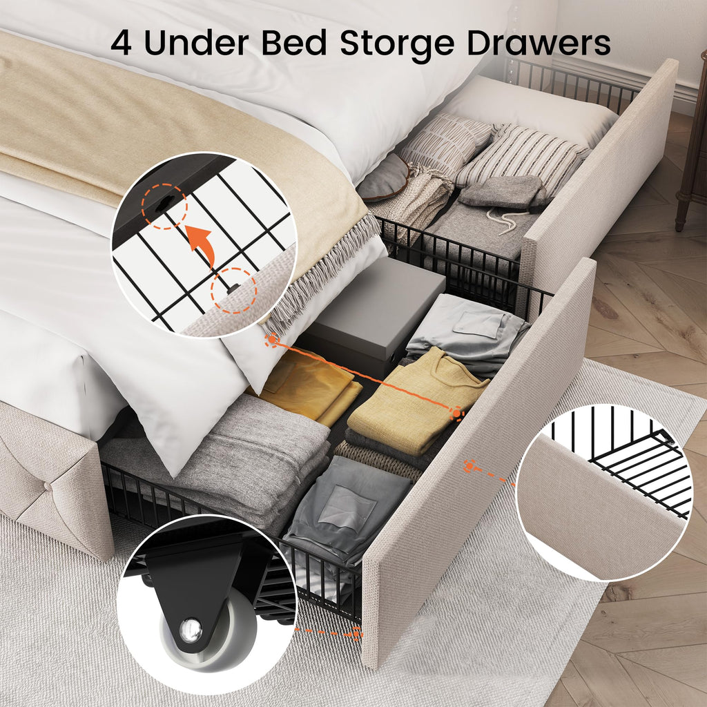 Queen Size Linen Upholstered Platform Bed Frame with 4 Storage Drawers S358783