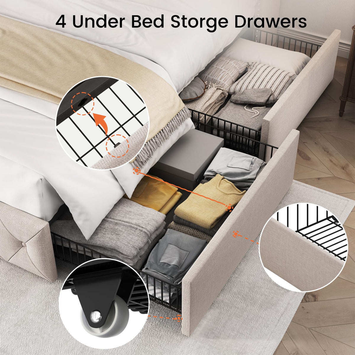 Queen Size Linen Upholstered Platform Bed Frame with 4 Storage Drawers S358783