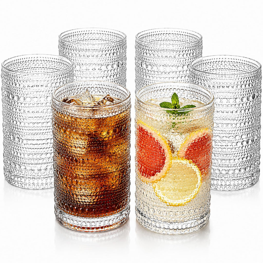 Set of 6 Vintage Hobnail Drinking Glasses, 13 oz Clear Embossed Glassware P7184