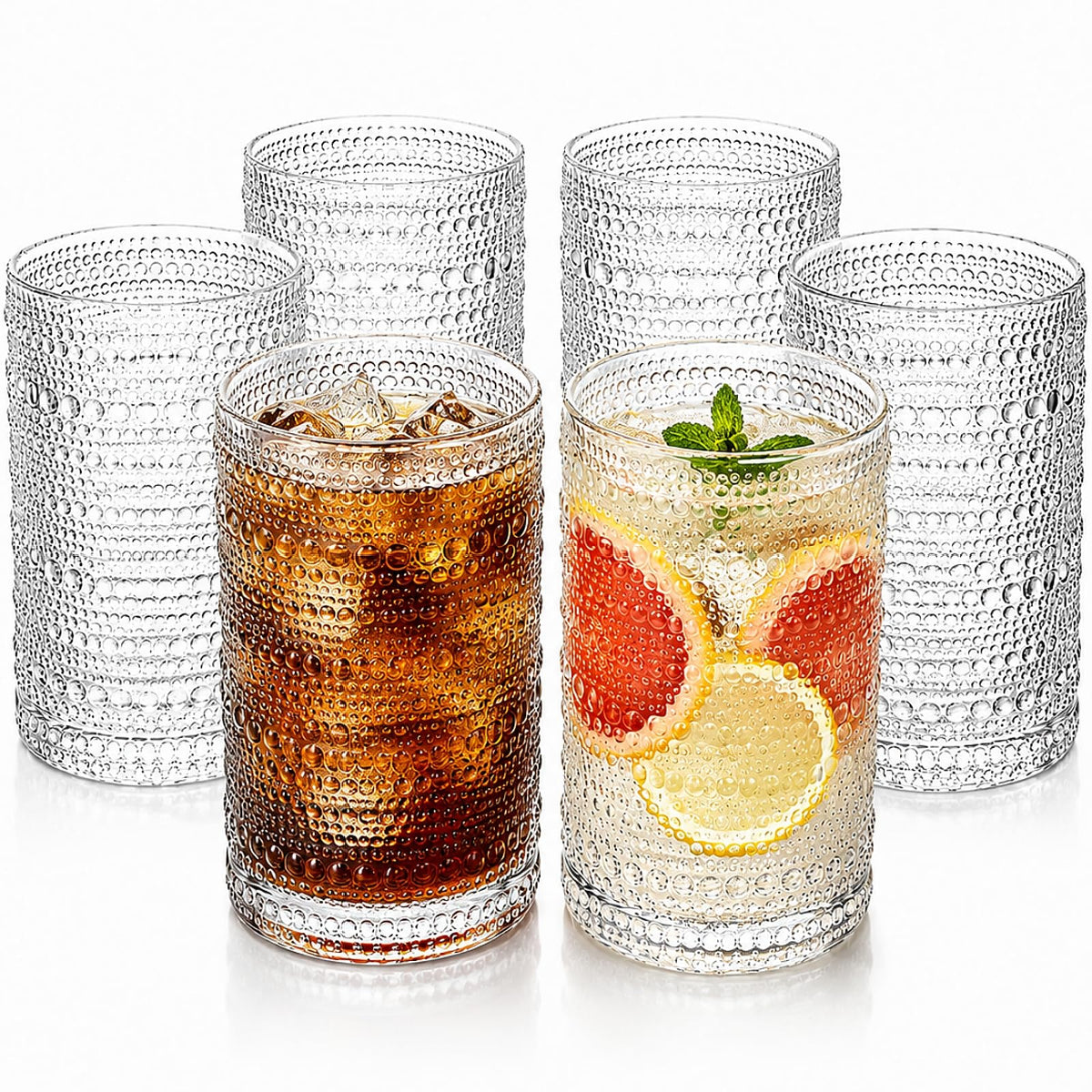 Set of 6 Vintage Hobnail Drinking Glasses, 13 oz Clear Embossed Glassware P7184