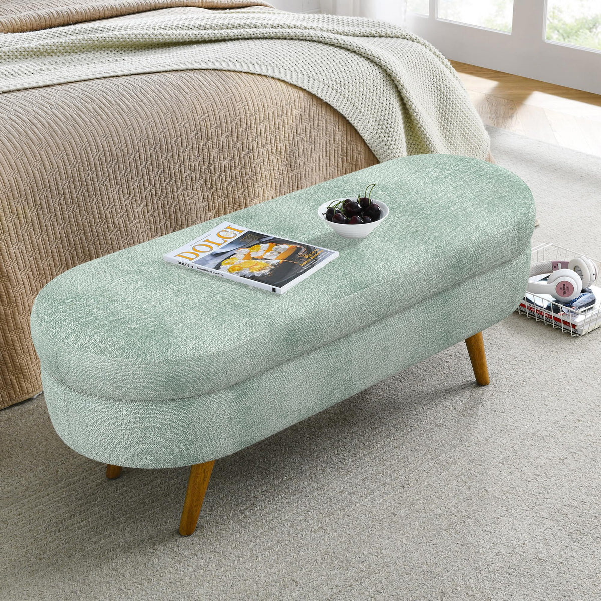 Oval Storage Bench with Rubber Wood Legs Gray V513320