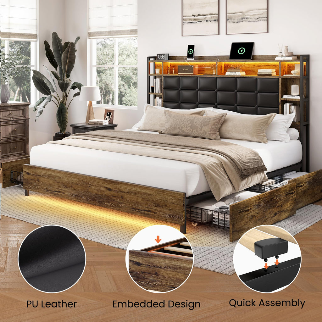 Queen Size Wooden Bed Frame with Storage Drawers W77854