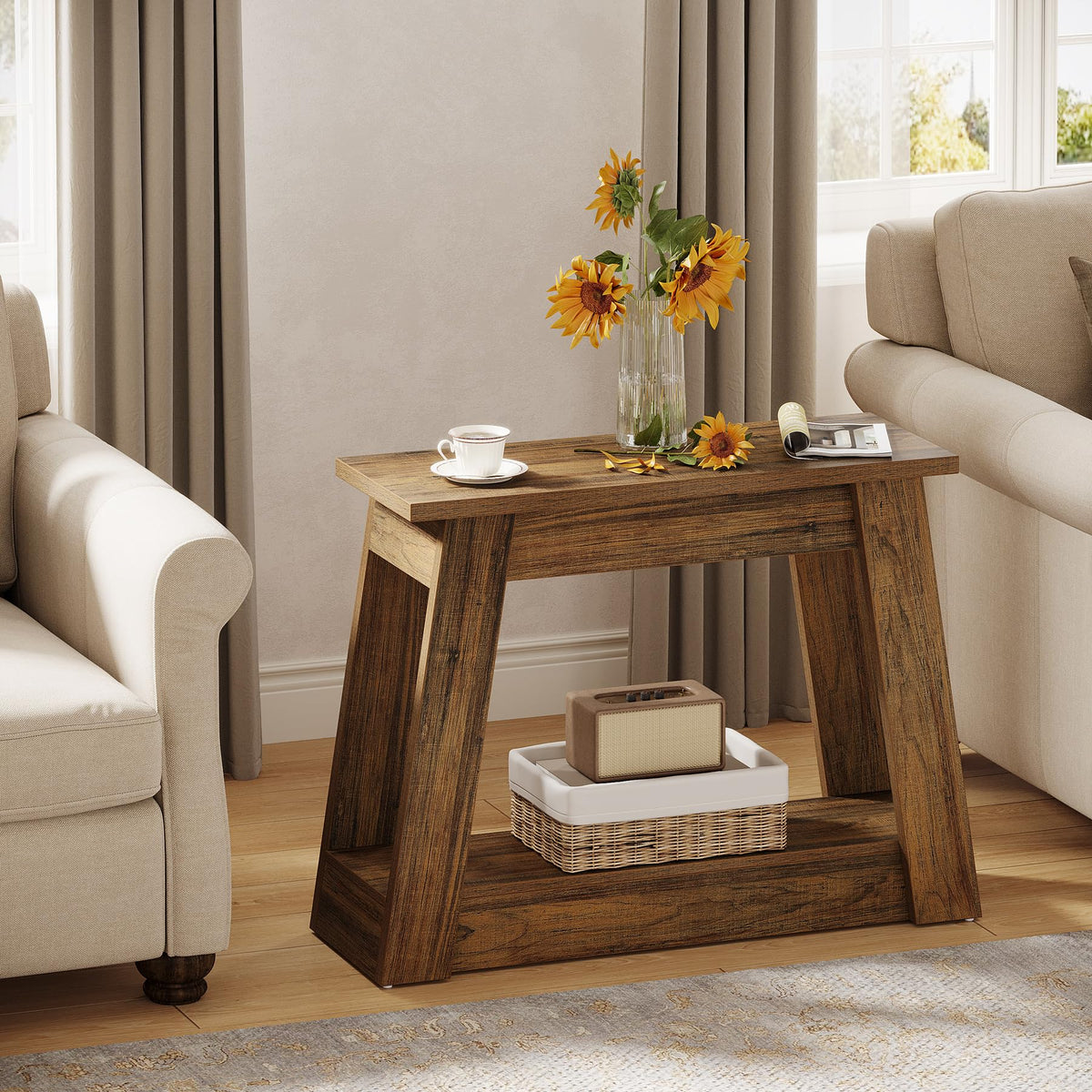 Wood End Table with 2 Storage Shelves C188