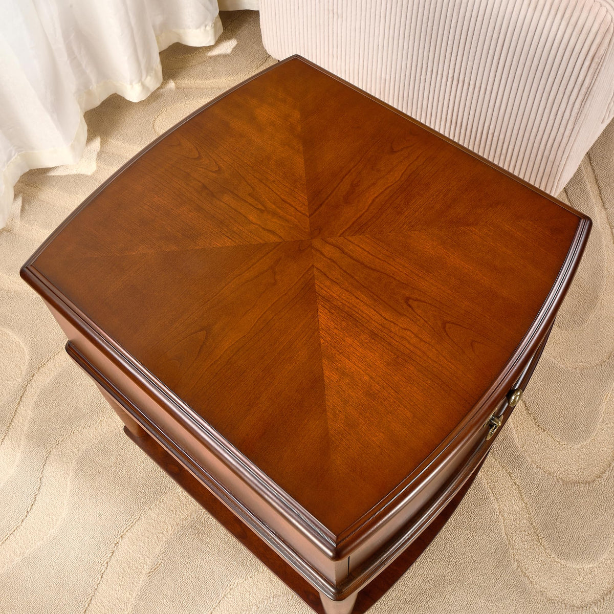 Large Cherry Wood 2-Tier Side Table with Drawer and Shelf M877655